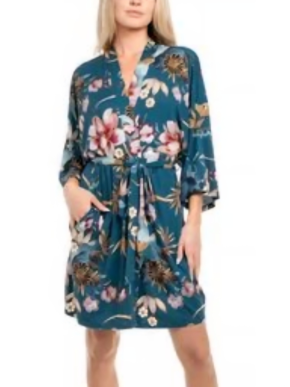 NWT Linea Donatella Ihoko Wrap Robe Sz S / M Teal Floral Kimono Sleeve $56 MSRP